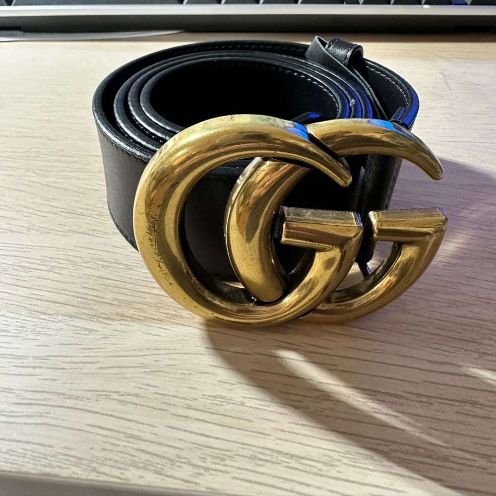 Authentic Gucci Marmont Double G Gold Buckle Belt 80 32 Black